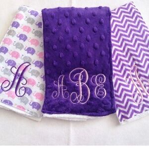 Purple and Pink Monogrammed Baby Burp ClothSet Made to order Elephants